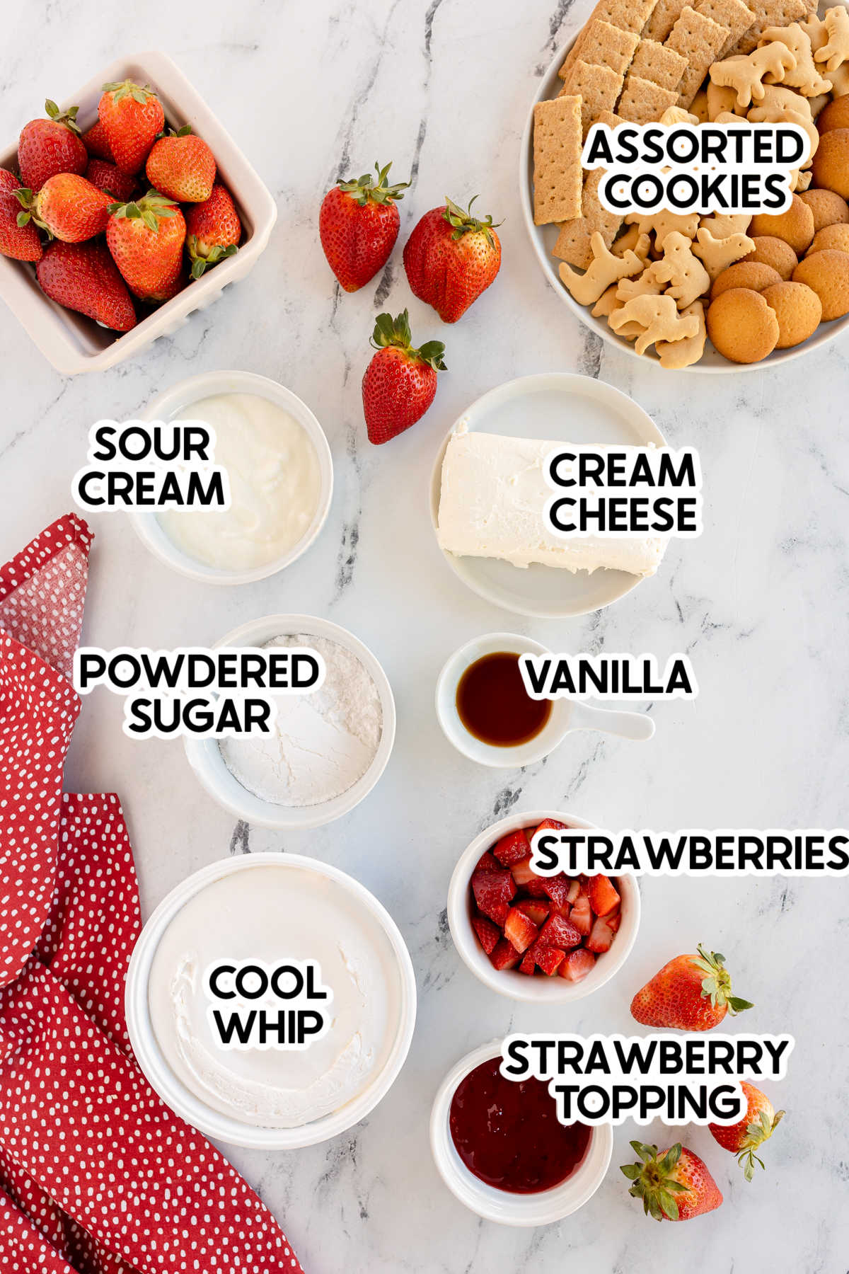 ingredients for a strawberry dip with labels