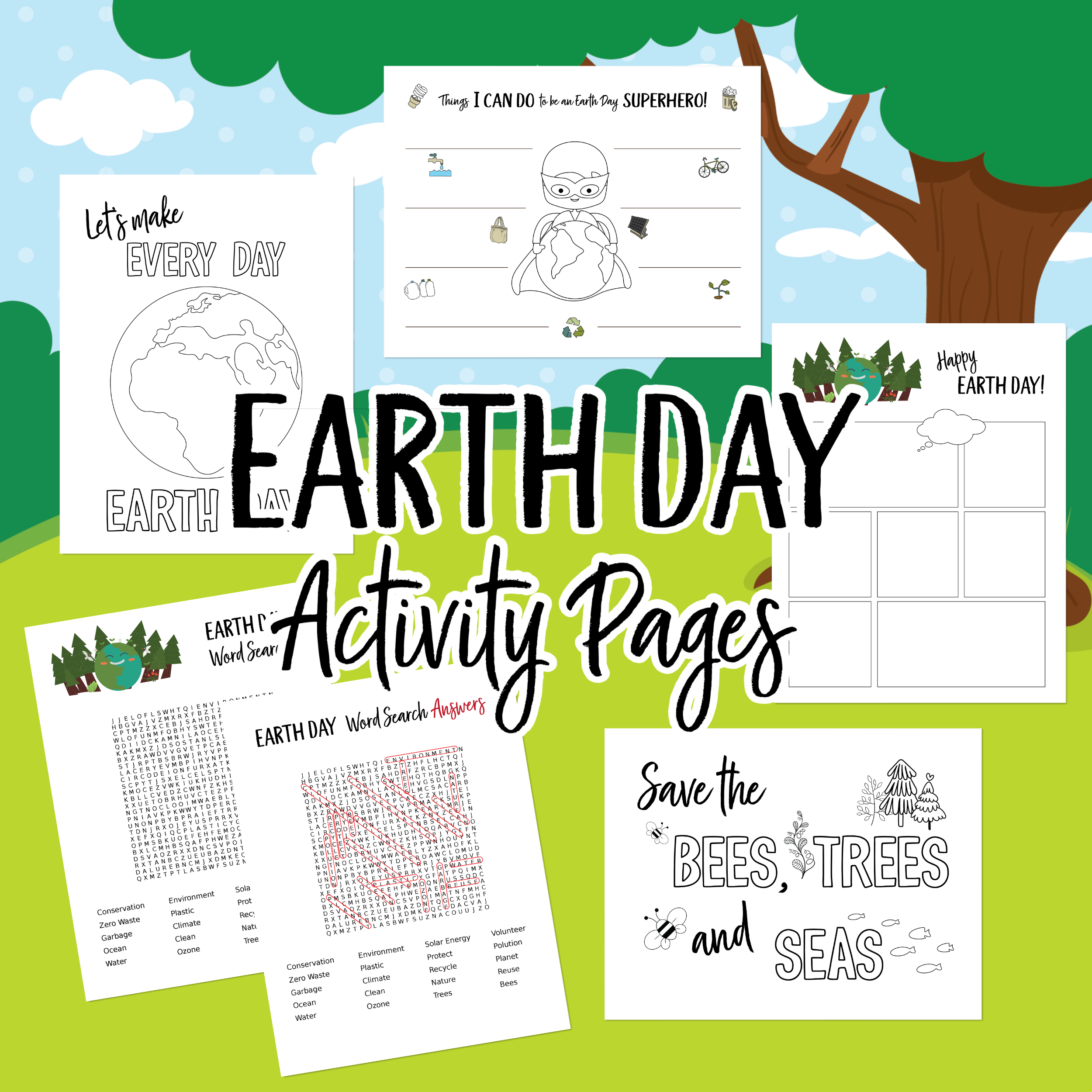 Earth Day worksheets on a tree background image