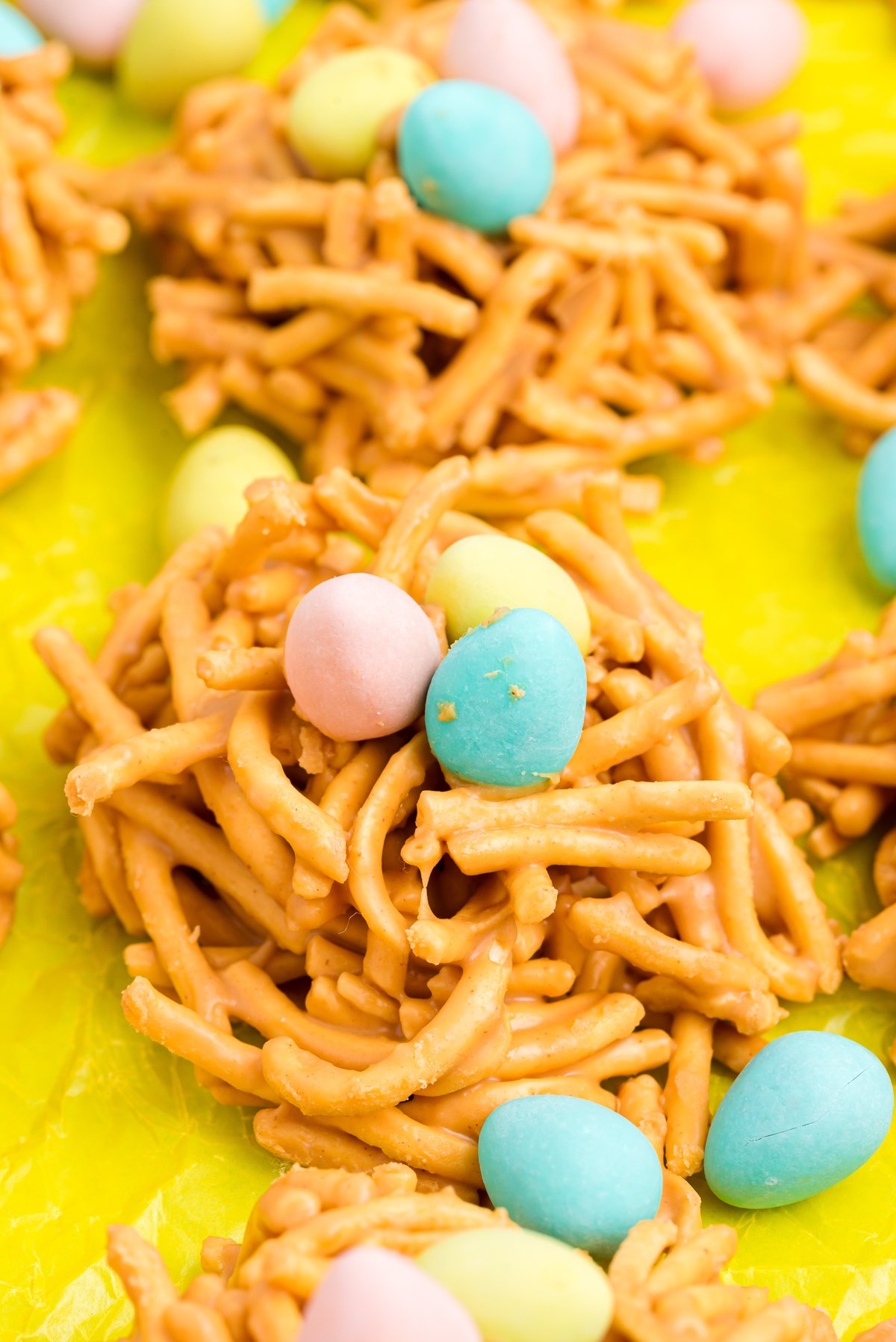 nests made out of butterscotch haystacks with eggs