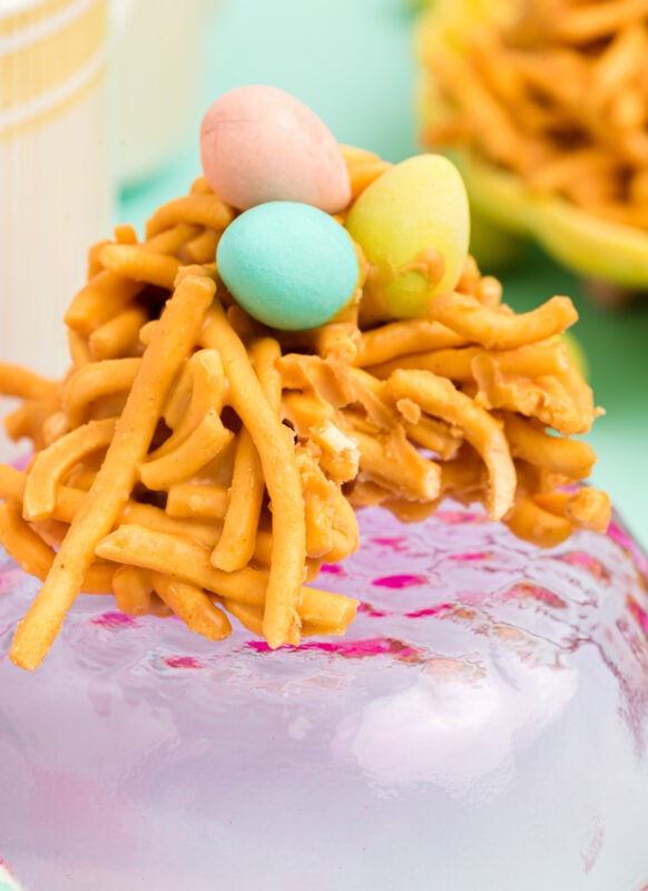 butterscotch haystack on top of a pink cup