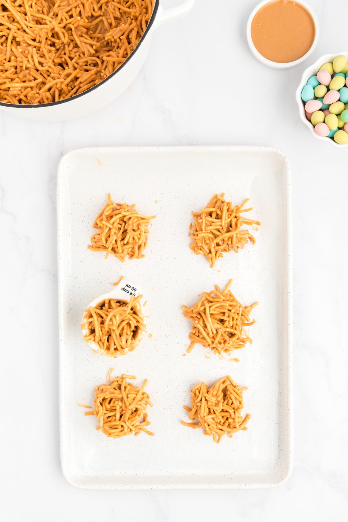 butterscotch haystacks on a baking sheet