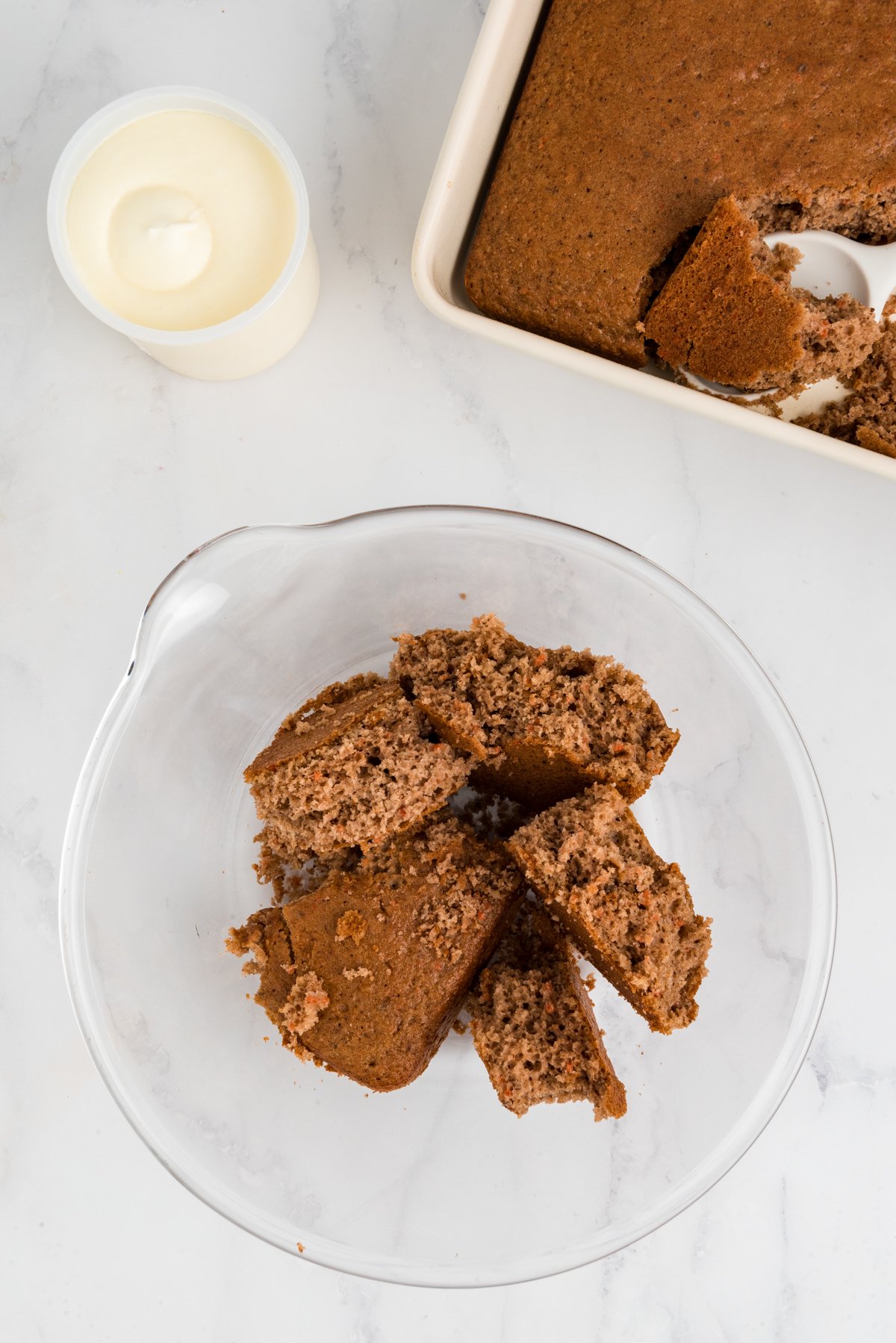 carrot cake in a glass bowl