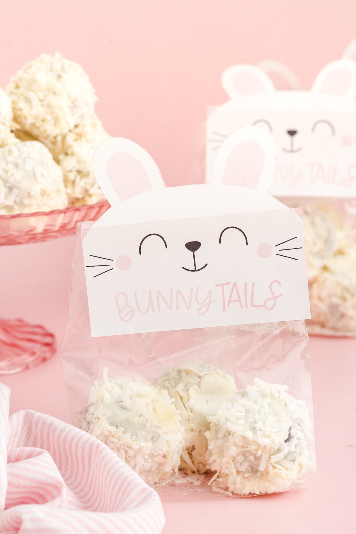 Easter bunny tail printable on a bag of carrot cake balls