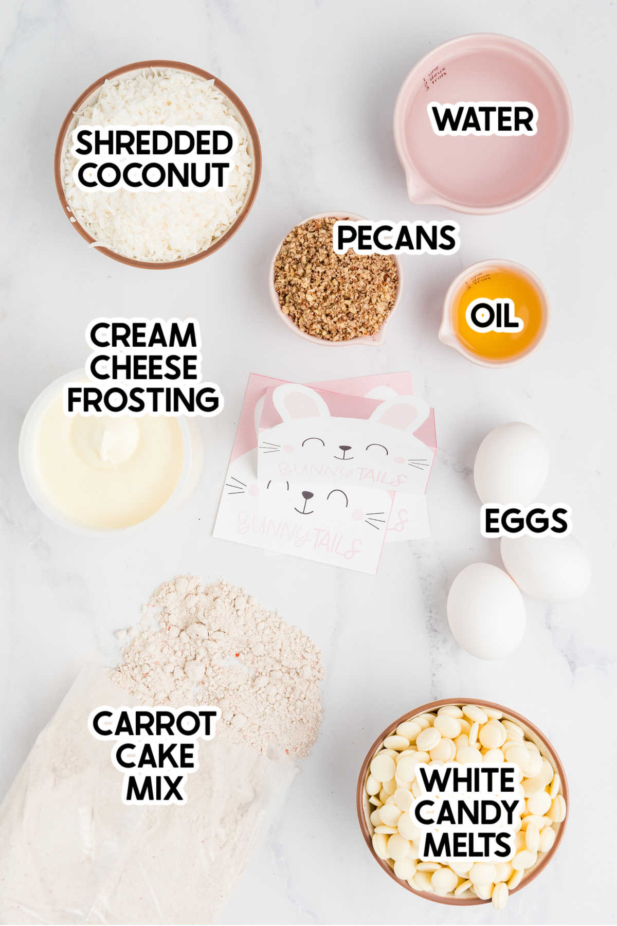 ingredients to make carrot cake balls with labels