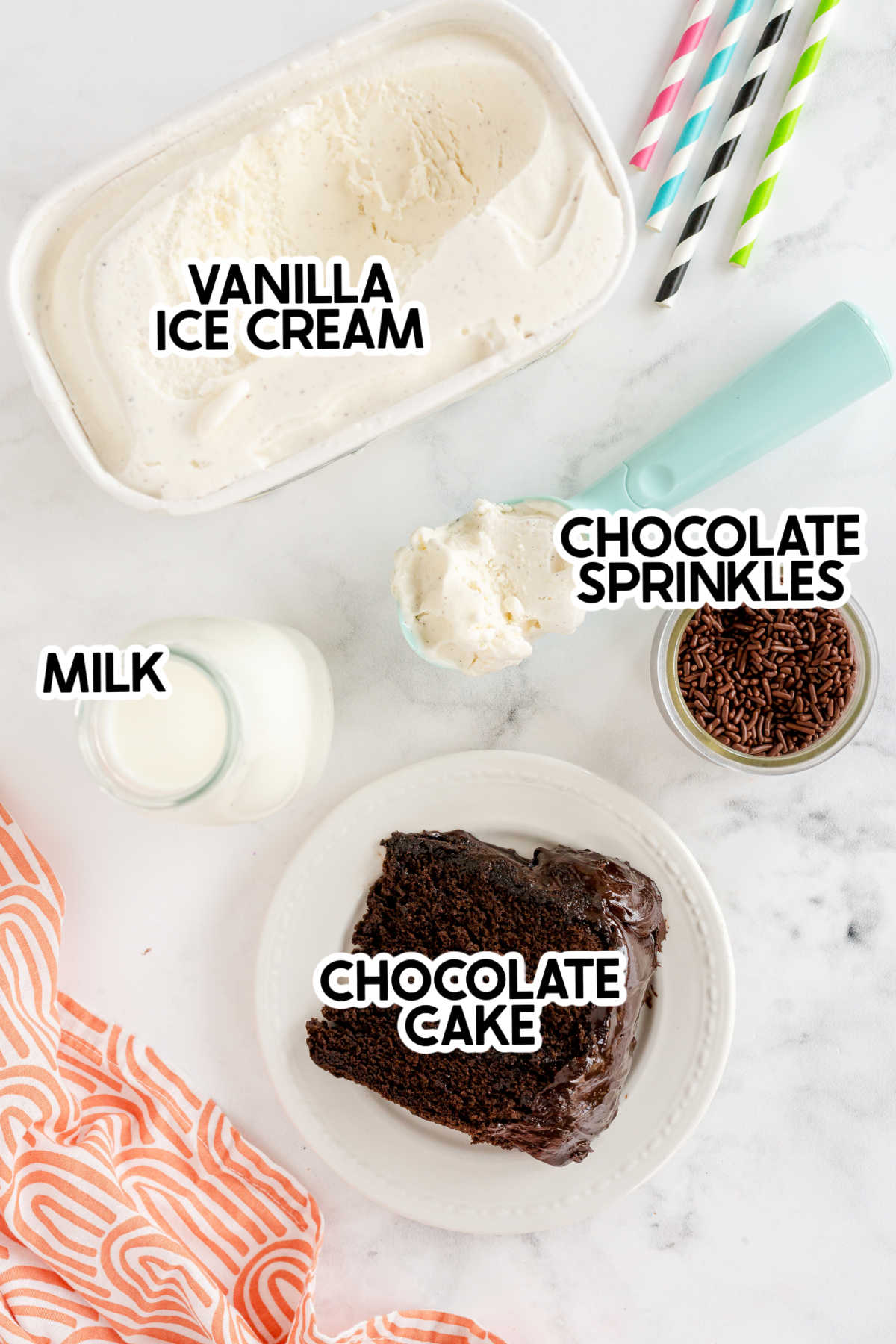 ingredients for a chocolate cake shake with labels