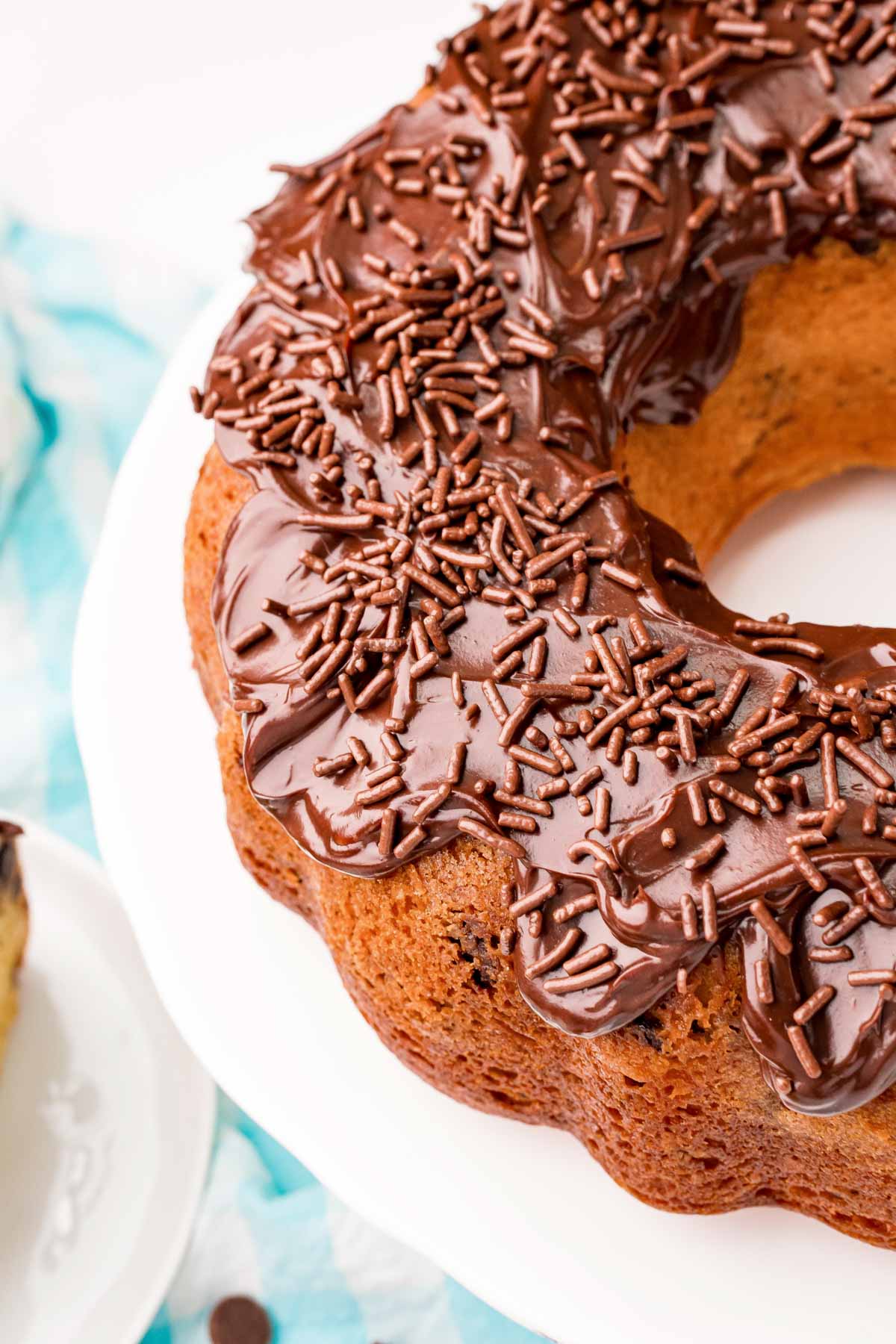 top view of a chocolate chip bundt cake with ganache