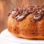 chocolate chip bundt cake on a cake stand