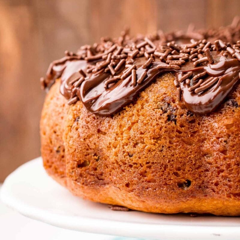 chocolate chip bundt cake on a cake stand