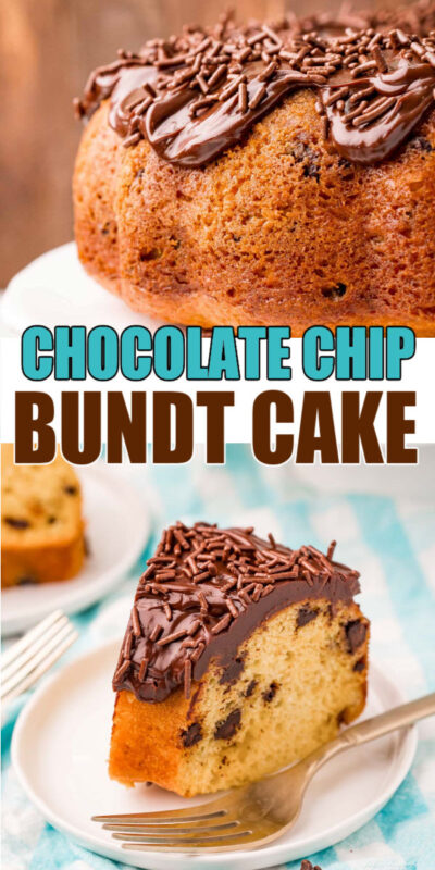collage with two images of a chocolate chip bundt cake
