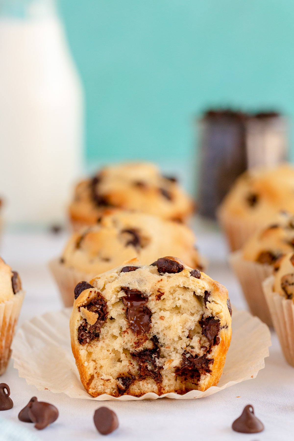 chocolate chip muffin that's cut in half