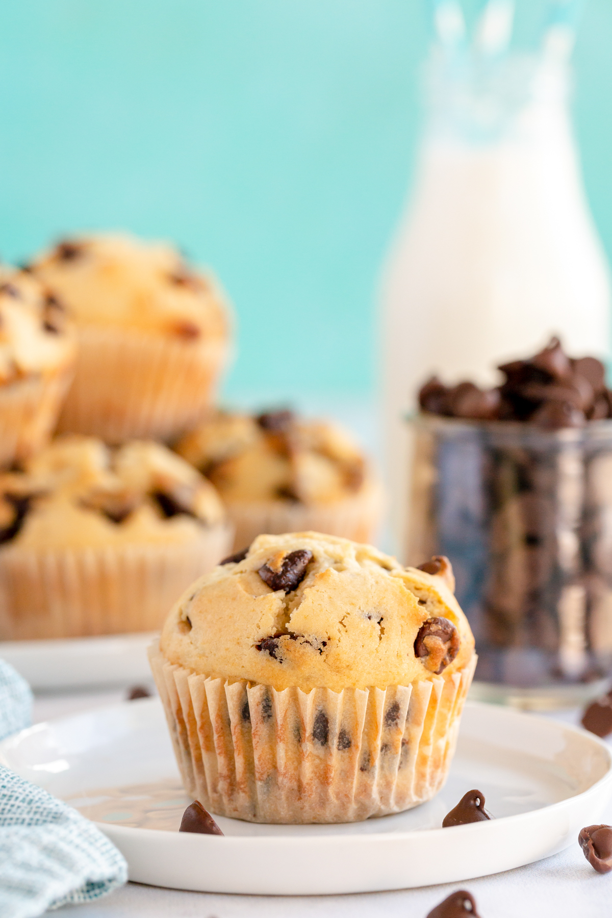 chocolate chip muffins on a white plate