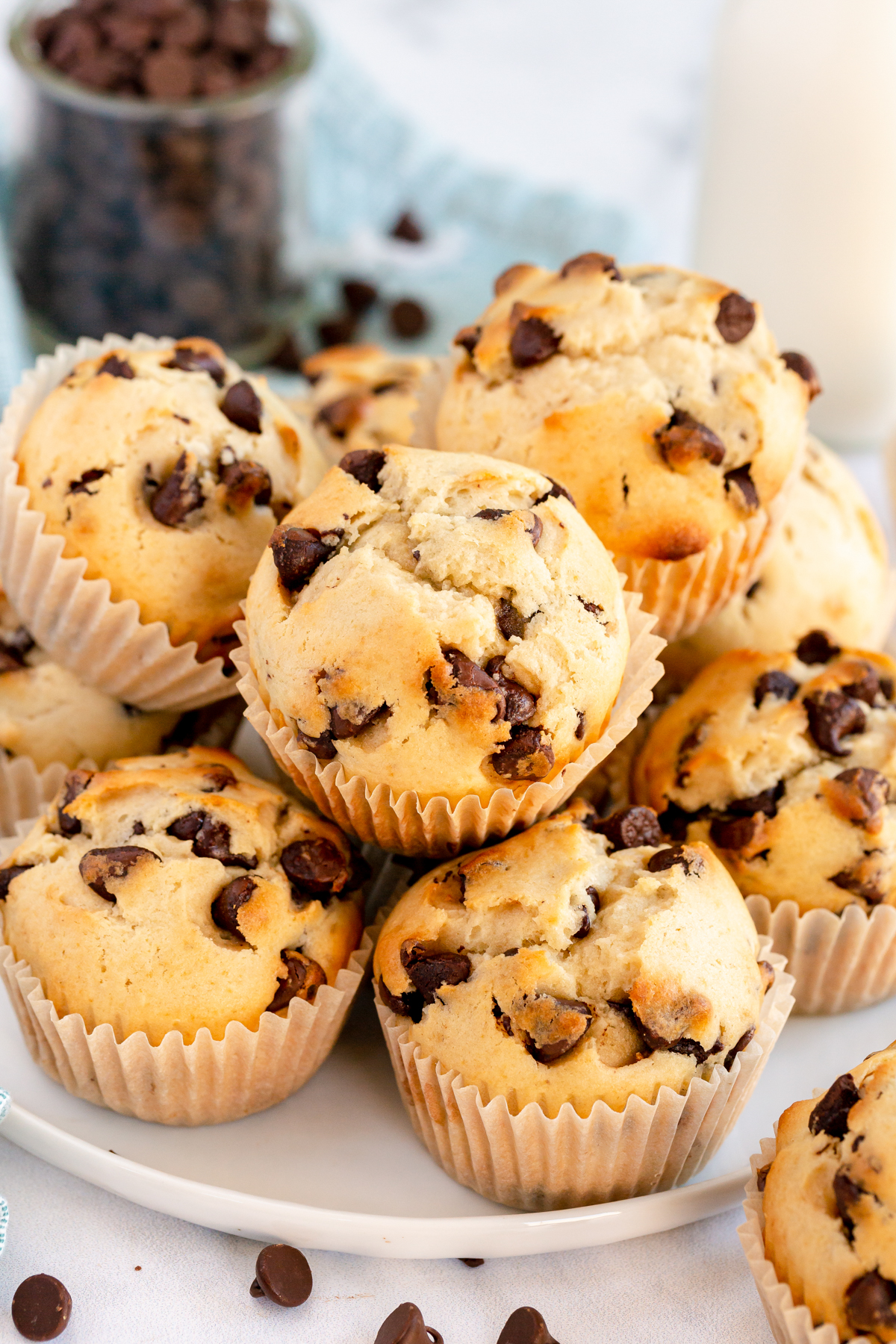Plate full of chocolate chip muffins