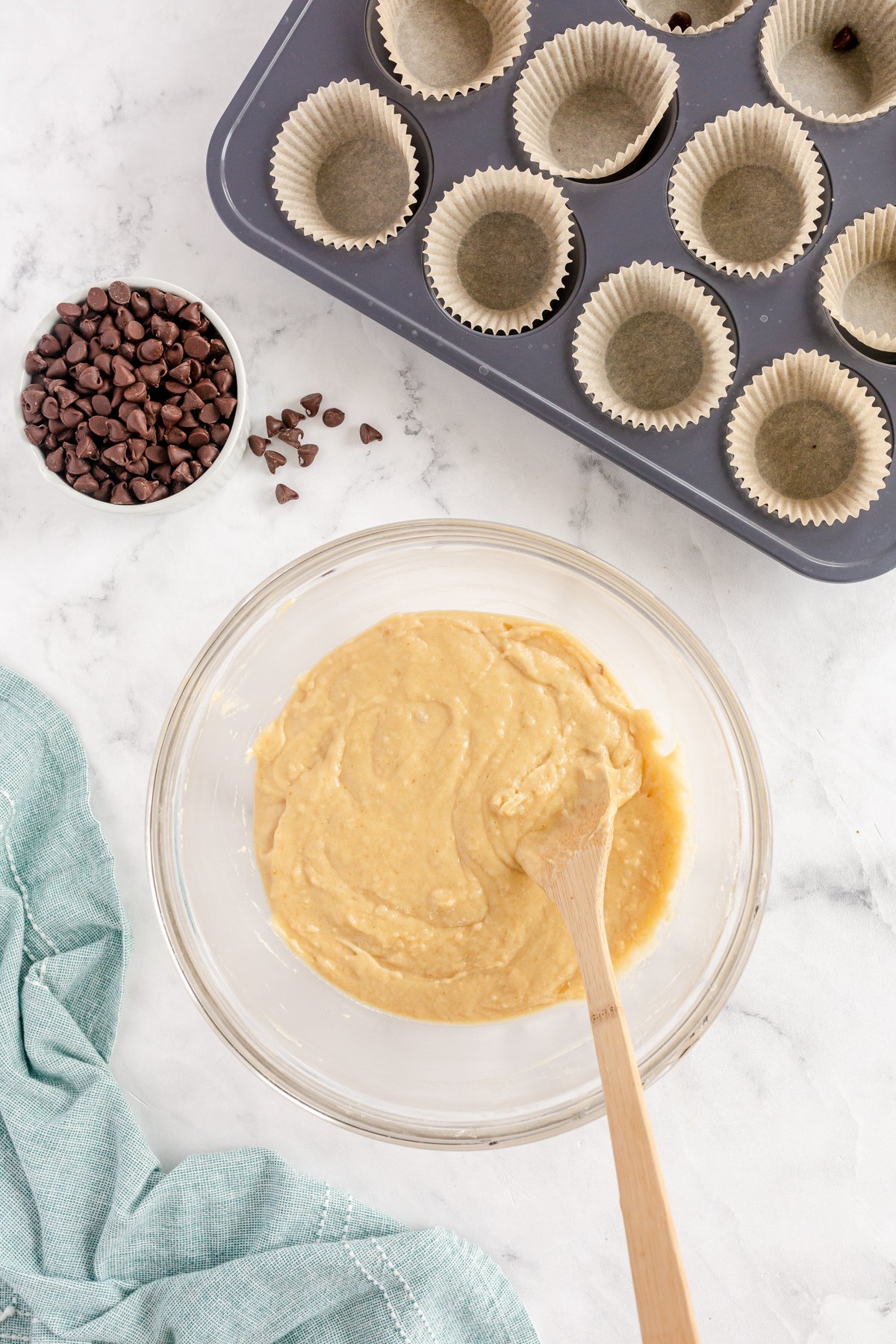 chocolate chip muffin batter in a glass bowl