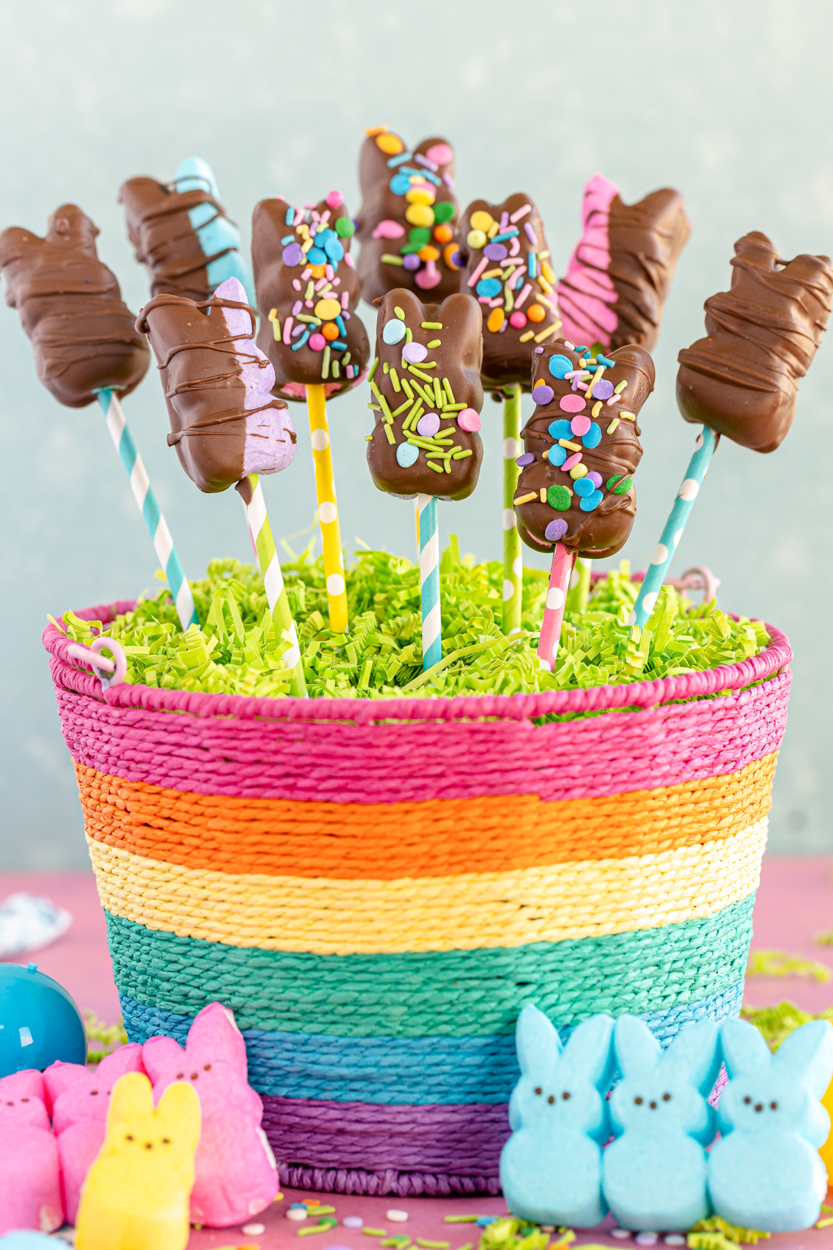 Easter basket with chocolate covered Peeps pops