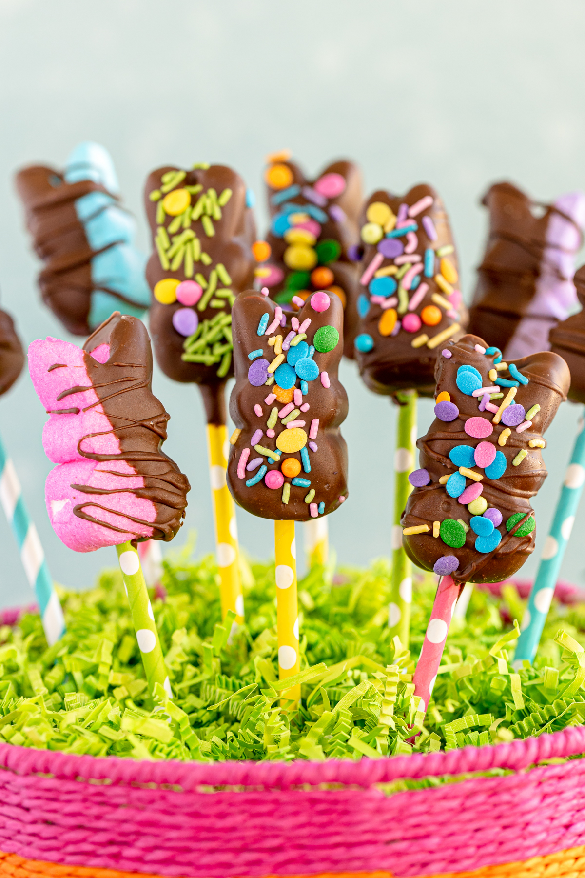 chocolate covered peeps on colorful straws