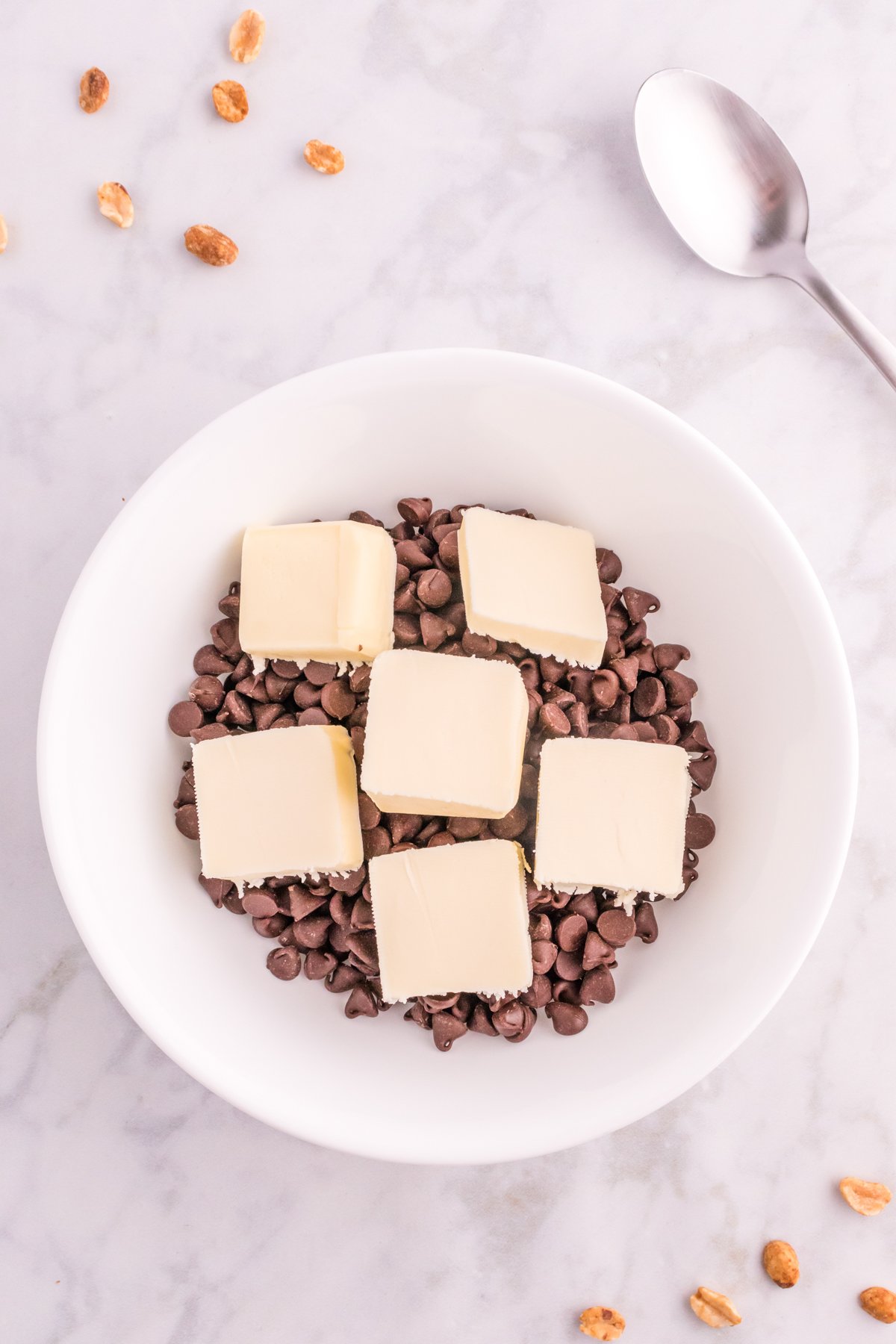 bowl with chocolate chips and cut butter