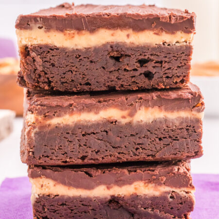 three peanut butter brownies in a stack