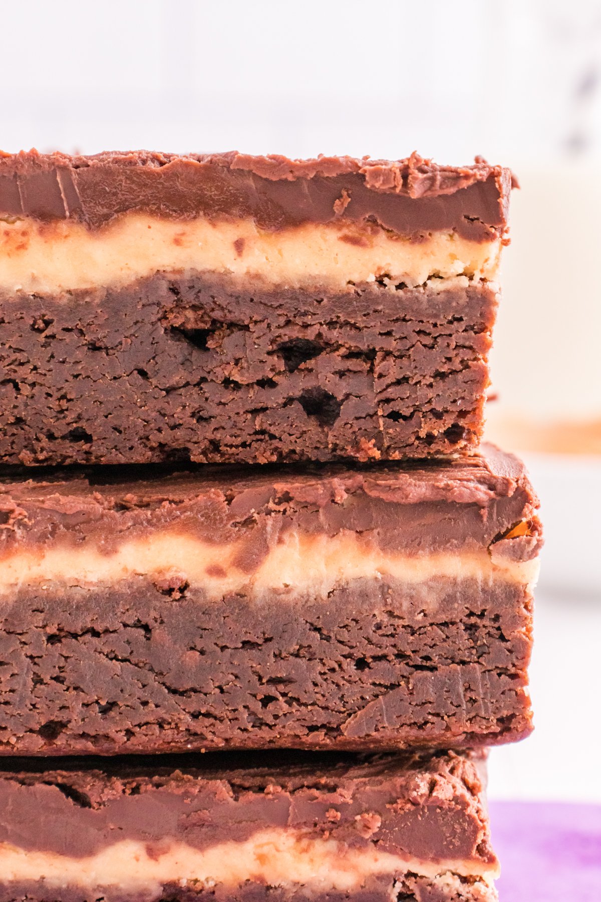 stack of chocolate peanut butter brownies