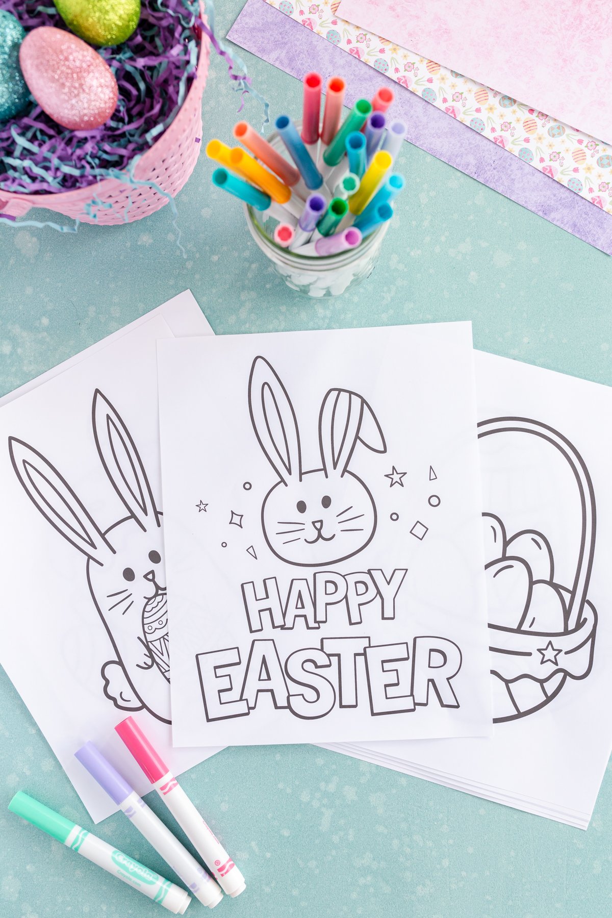 Easter coloring pages with Easter bunnies on them