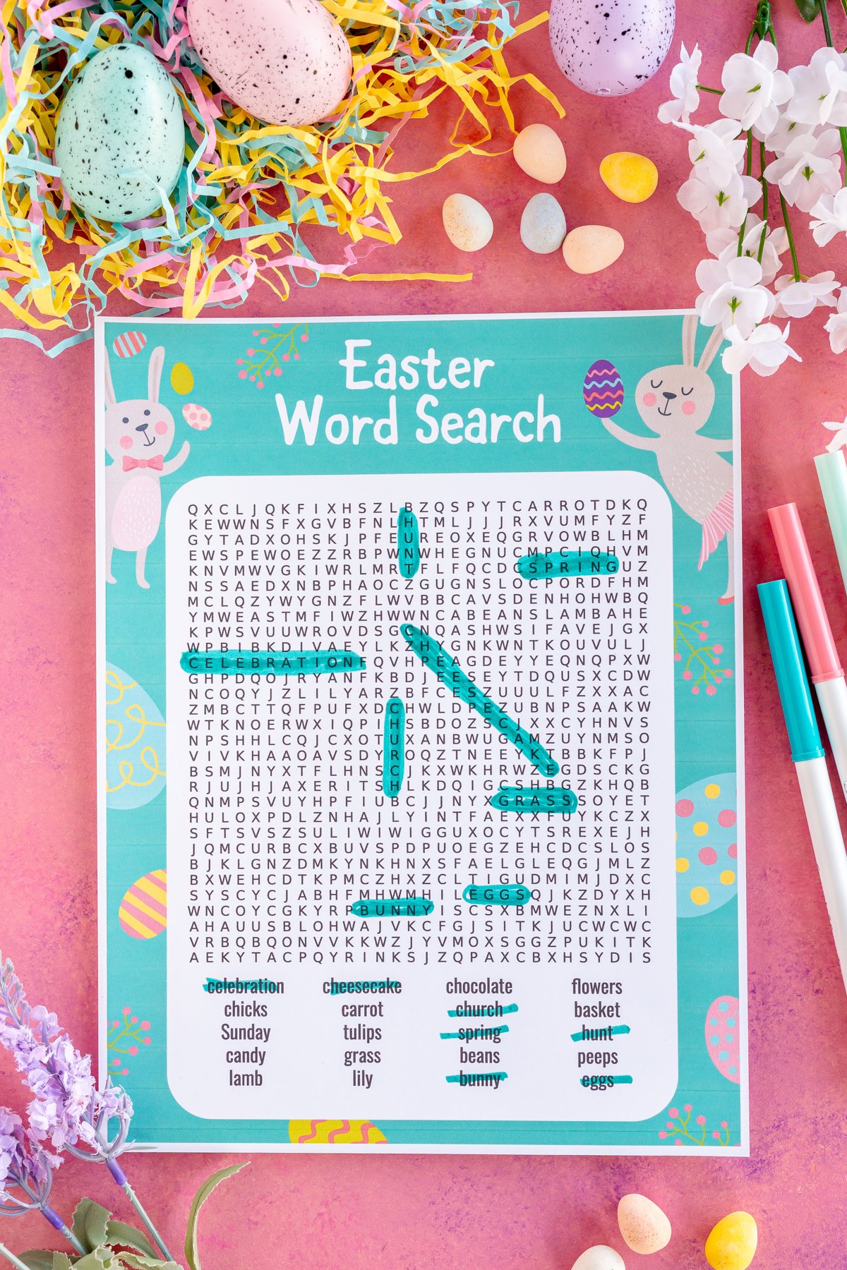 Easter word search with words highlighted