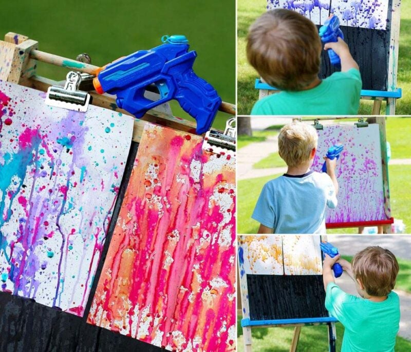 Kids squirting paint on canvases