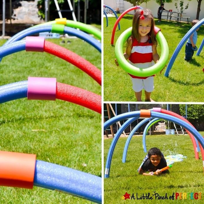 kids going through a pool noodle obstacle course