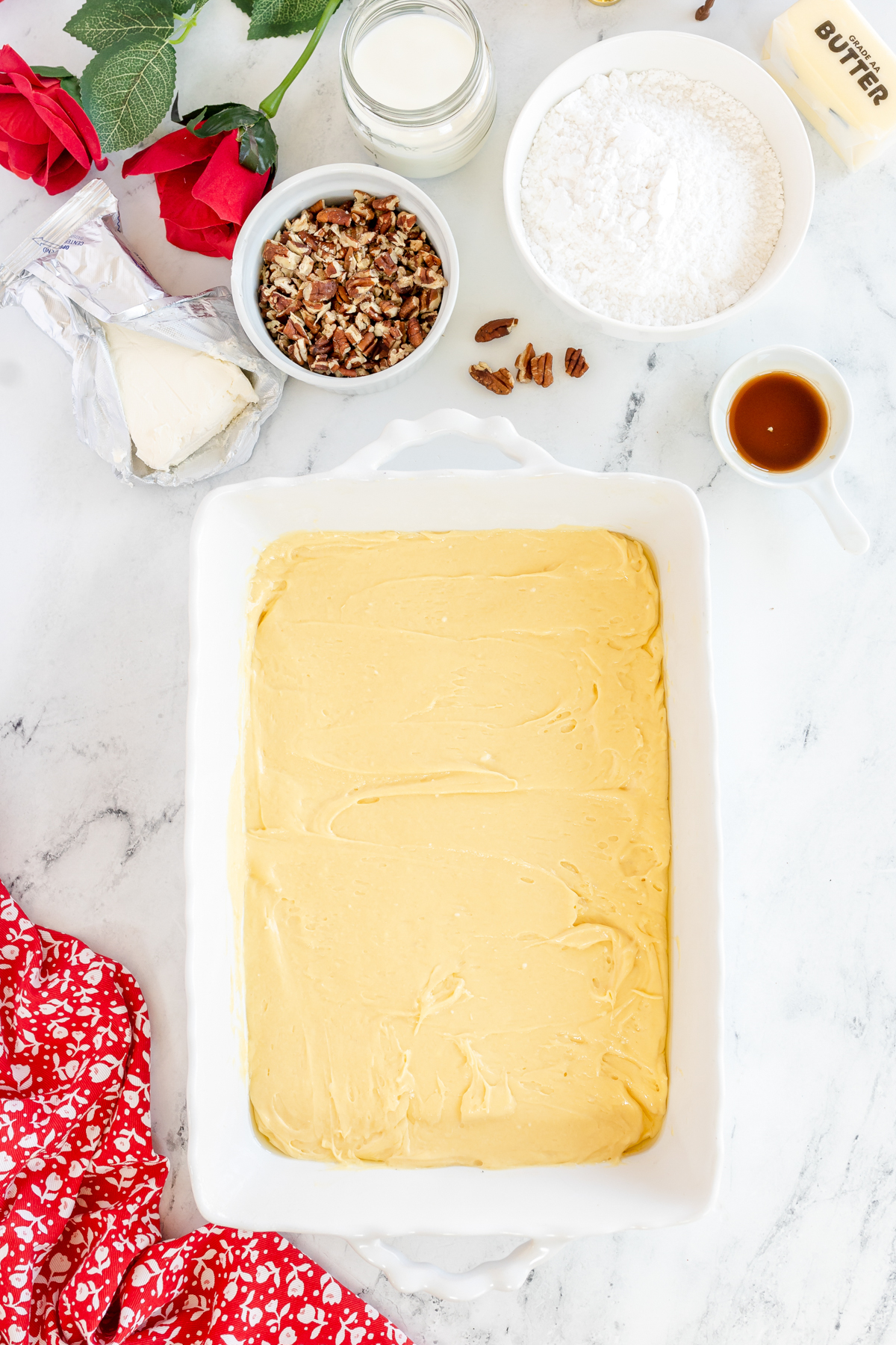 white rectangle cake pan with Kentucky butter cake batter
