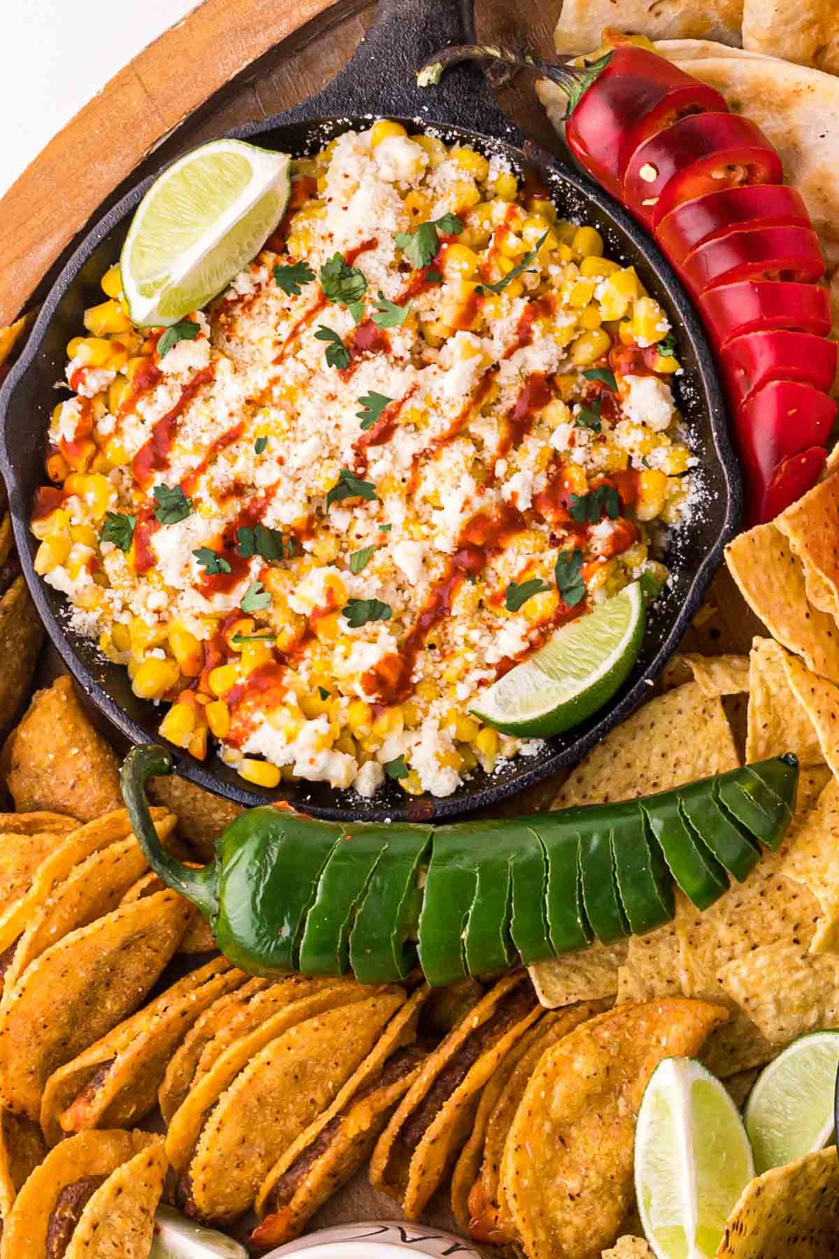 street corn dip on a Mexican charcuterie board