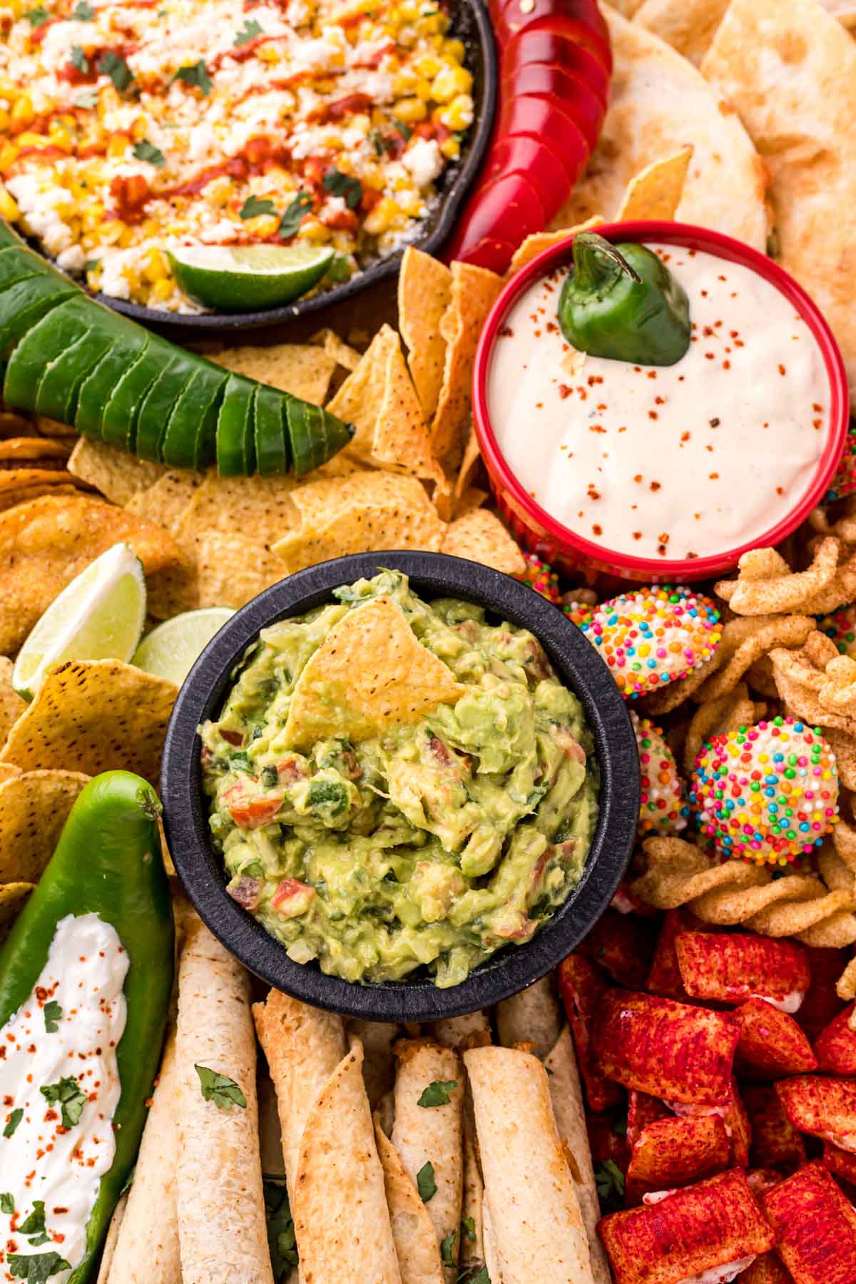 dips on a Mexican charcuterie board