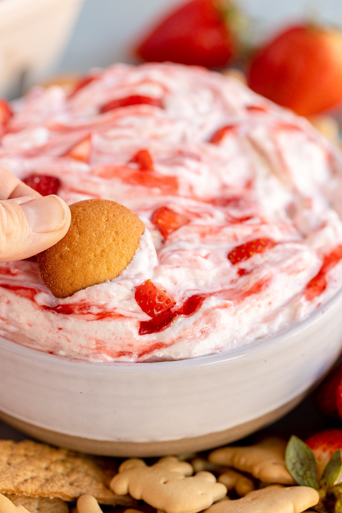 strawberry dip in a glass bowl