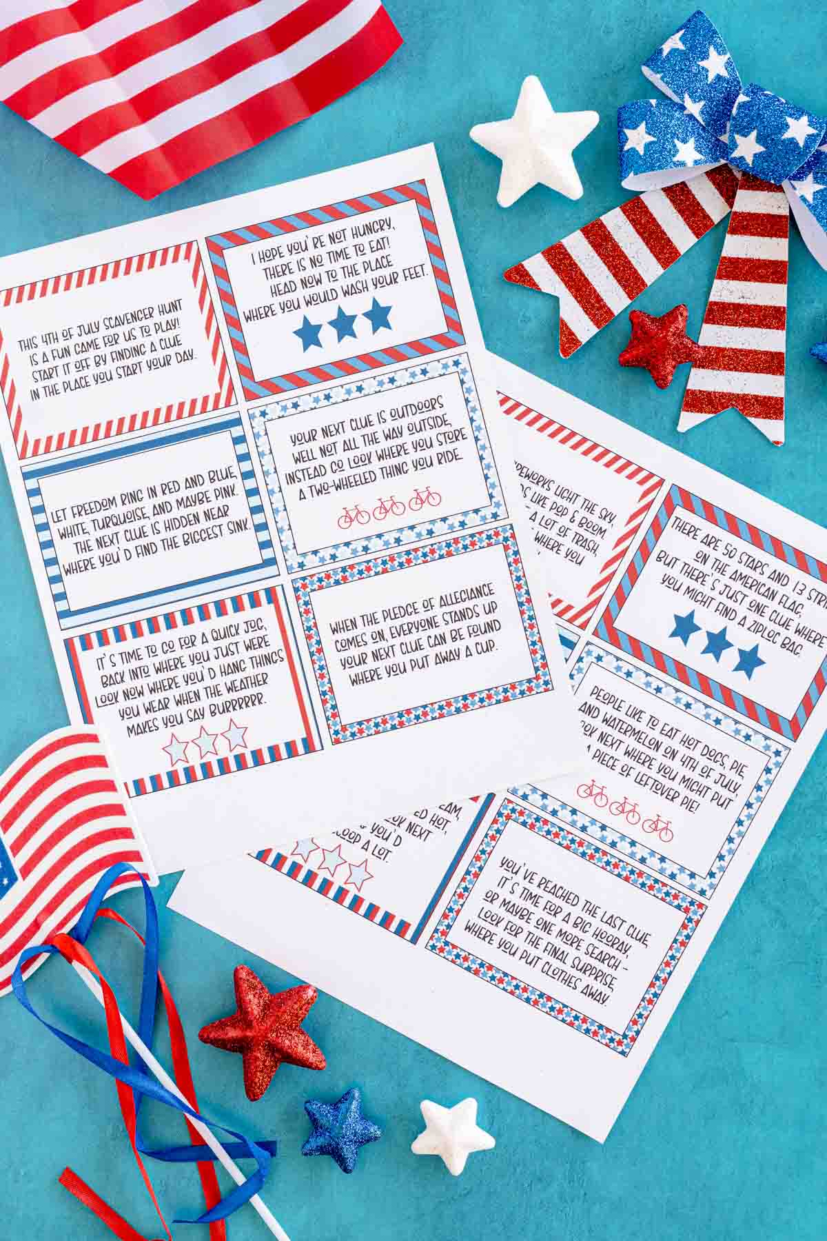 printed out 4th of July scavenger hunt clues