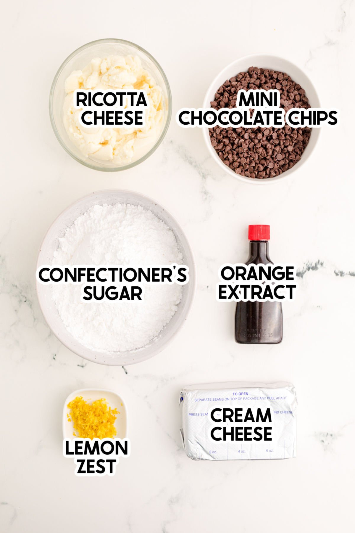ingredients for cannoli dip with labels