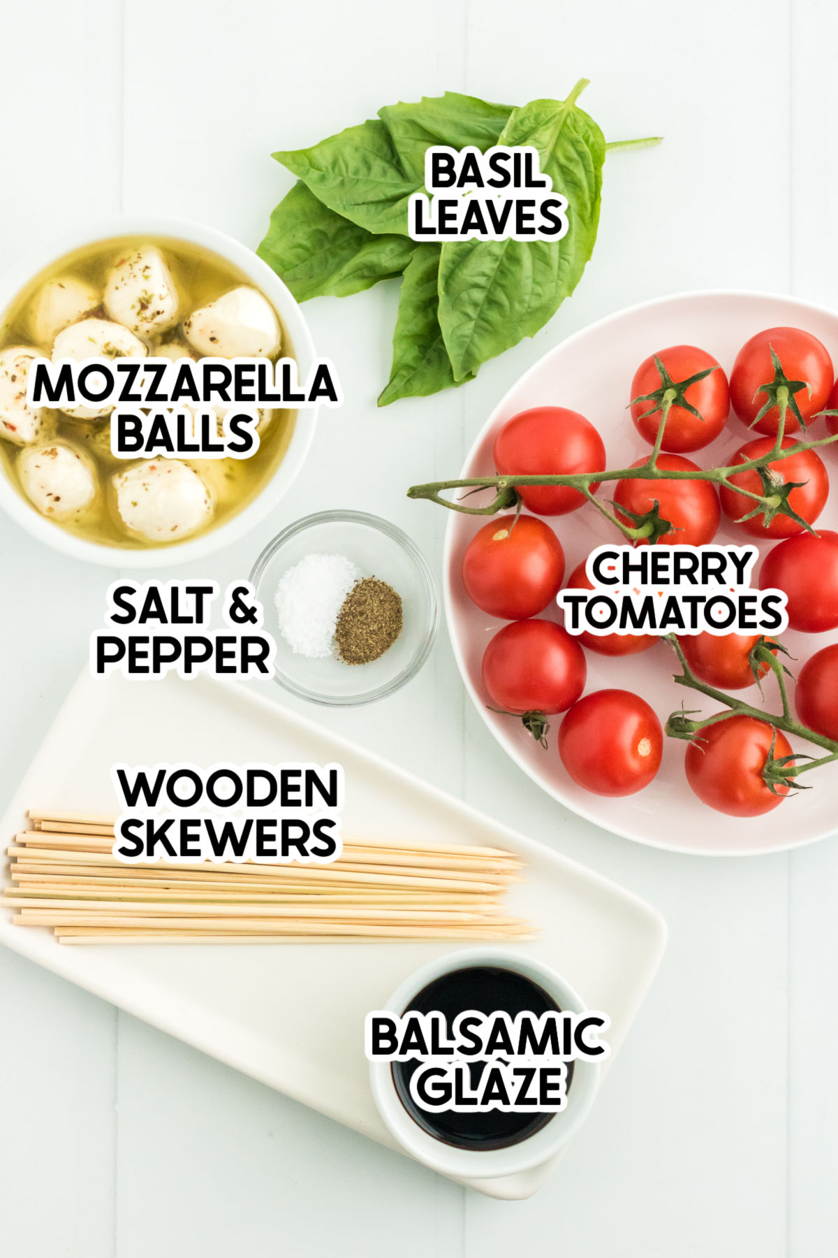 ingredients for caprese salad skewers with labels