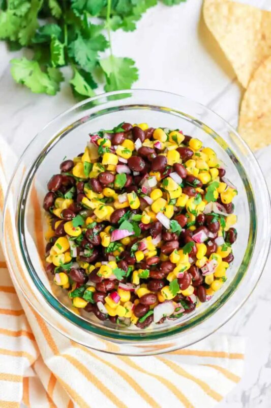 black bean and corn salsa in a glass bowl