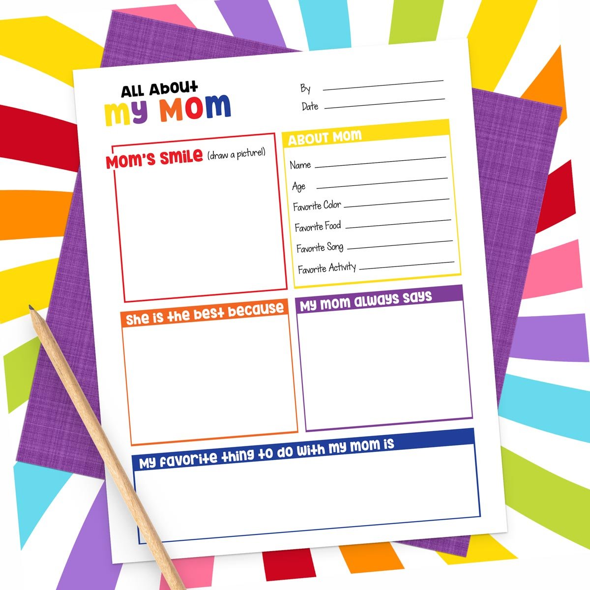 all about my mom printable on a colorful background