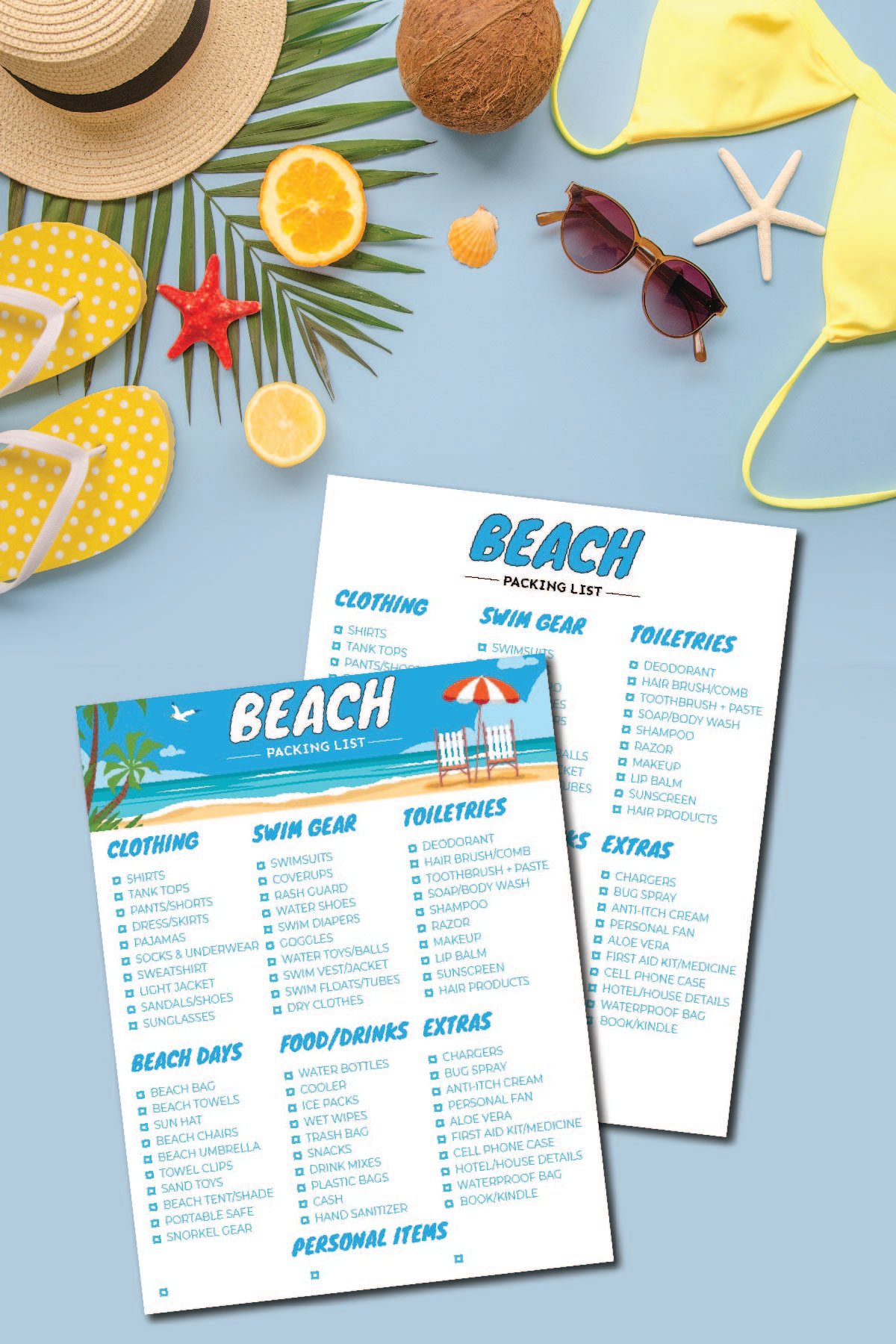 flat lay with printable packing list for beach vacation options