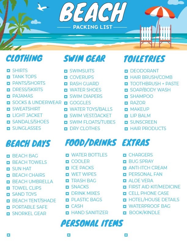 printable packing list for beach vacation