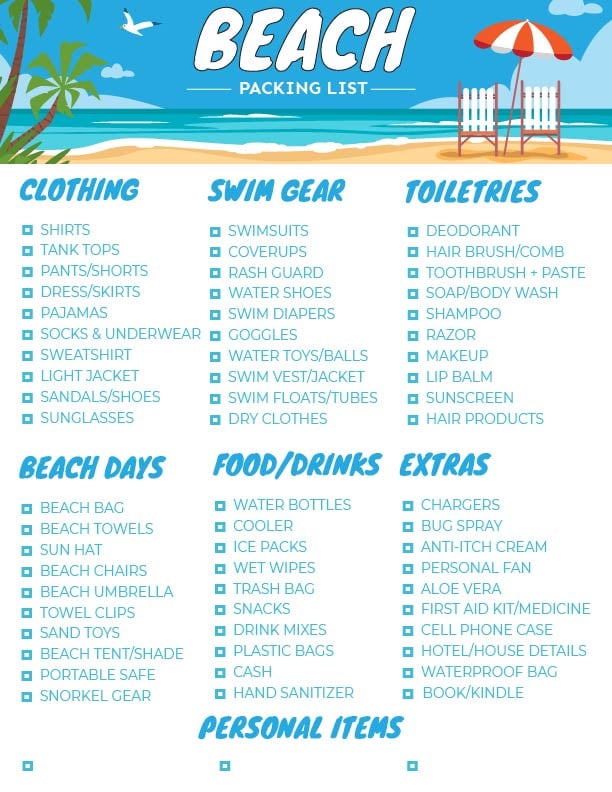 Beach Vacation Packing List Printable Instant Download Lupon gov ph summer-beach-vacation-packing-list