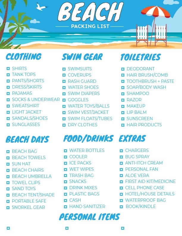 the best printable packing list for a beach vacation free checklist