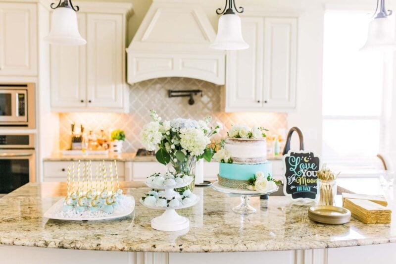 kitchen setup with baby shower foods