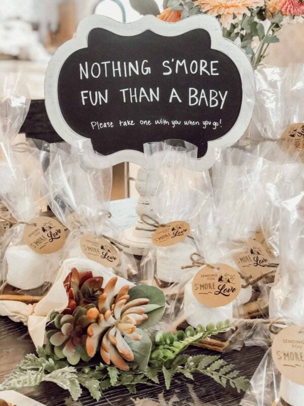 s'more sign with baby shower favors
