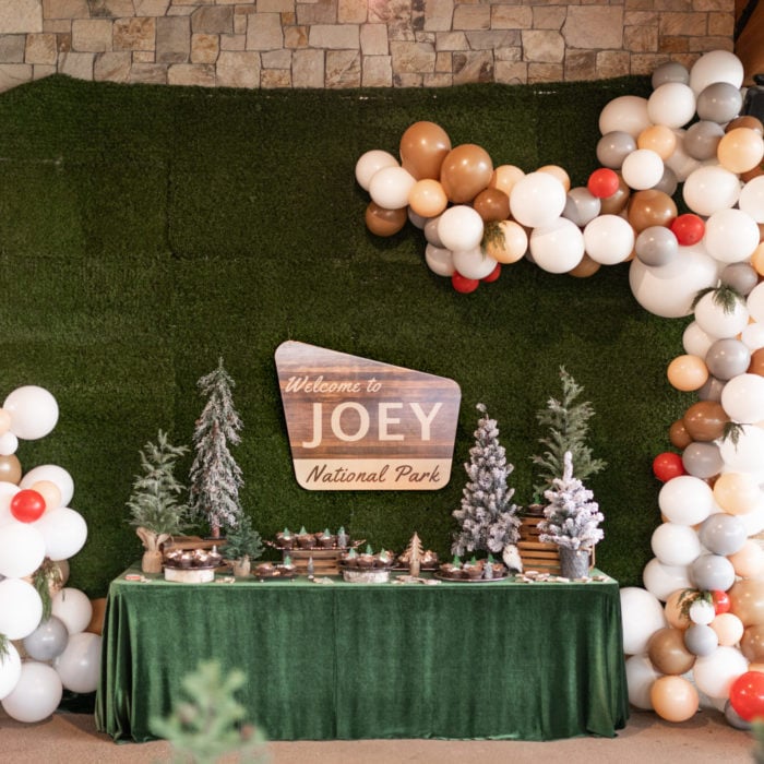 national park themed baby shower setup