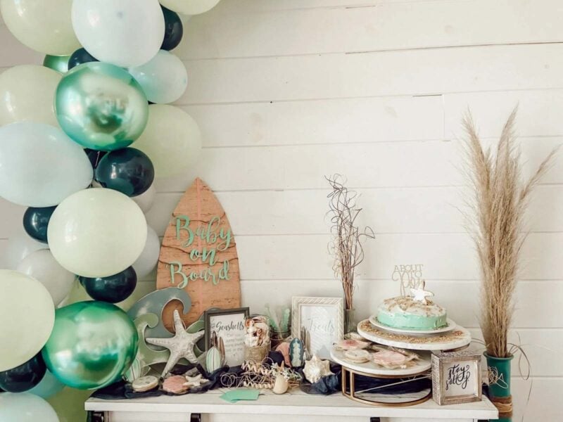 surfing themed baby shower table