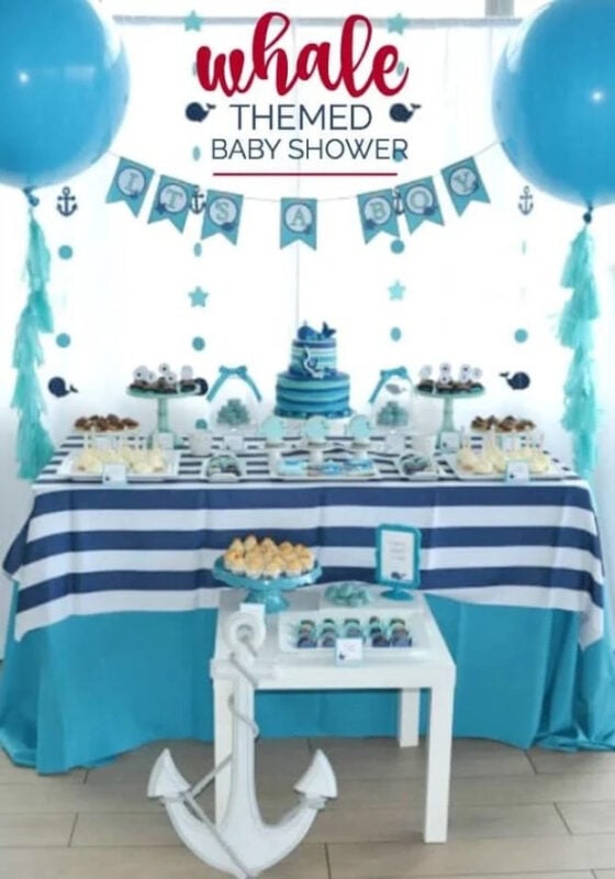 blue whale themed baby shower table