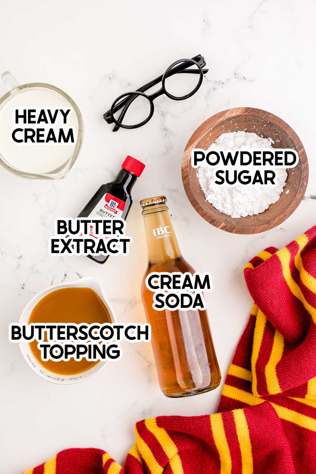 ingredients for a butterbeer recipe with labels