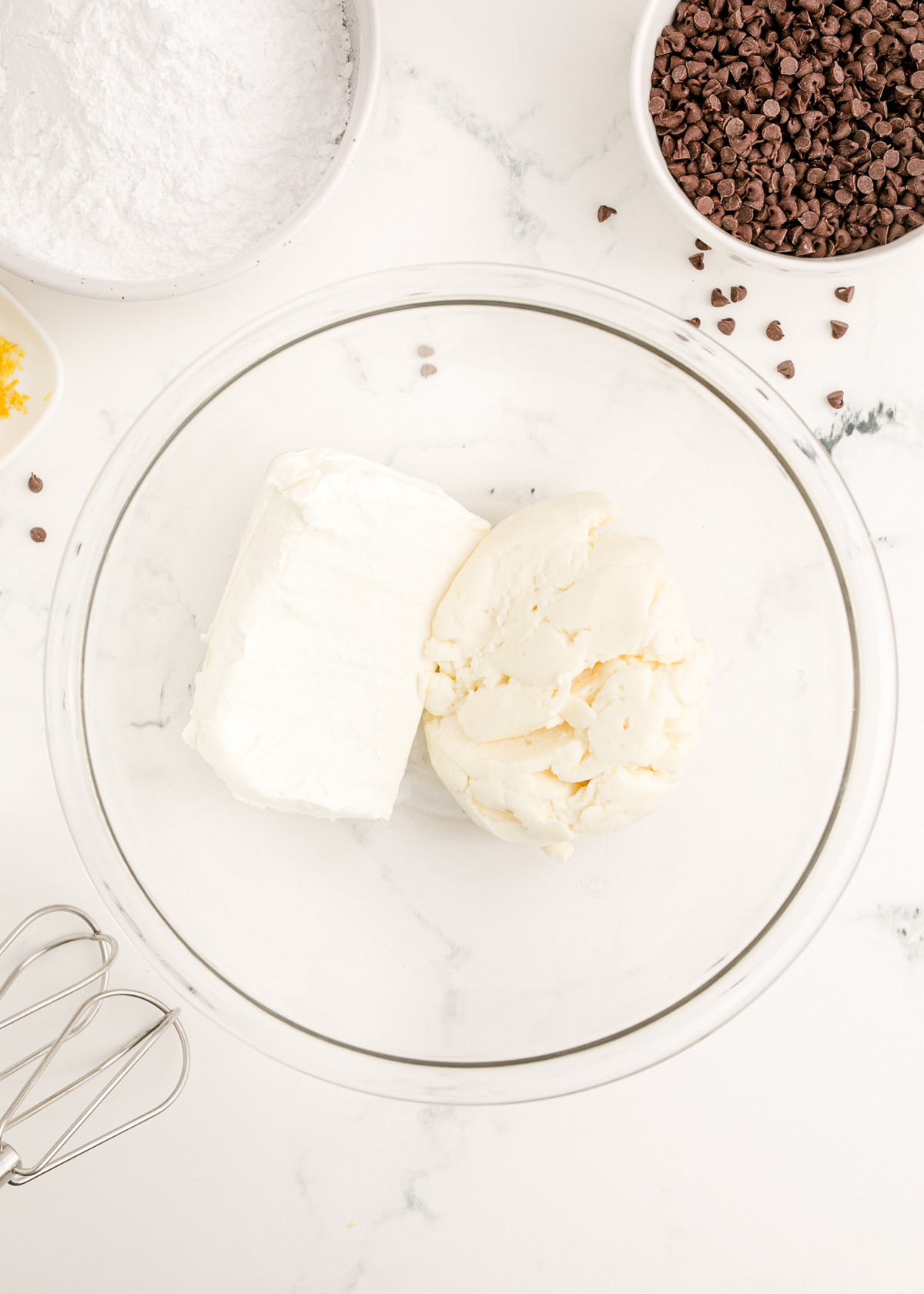 cream cheese and ricotta in a glass bowl
