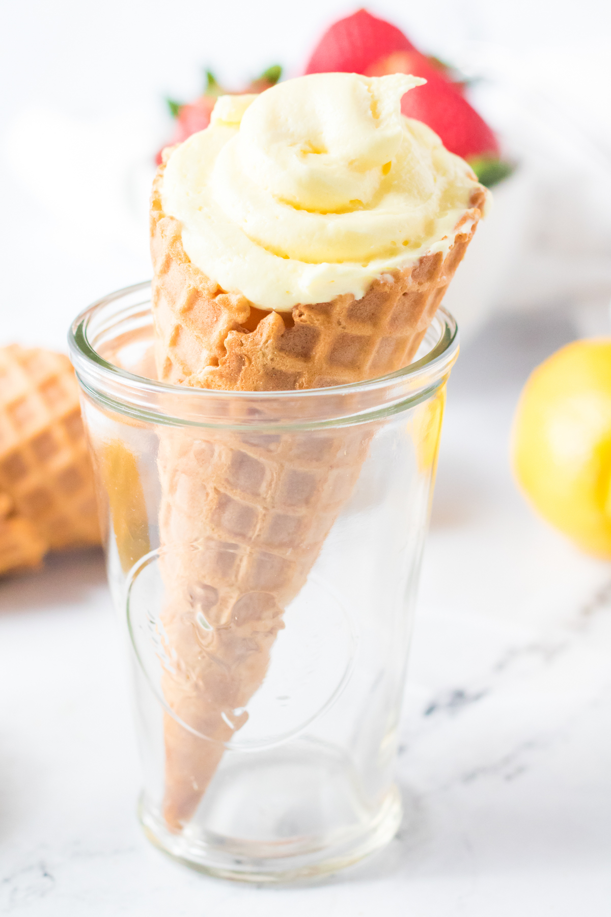 waffle cone with cheesecake mixture