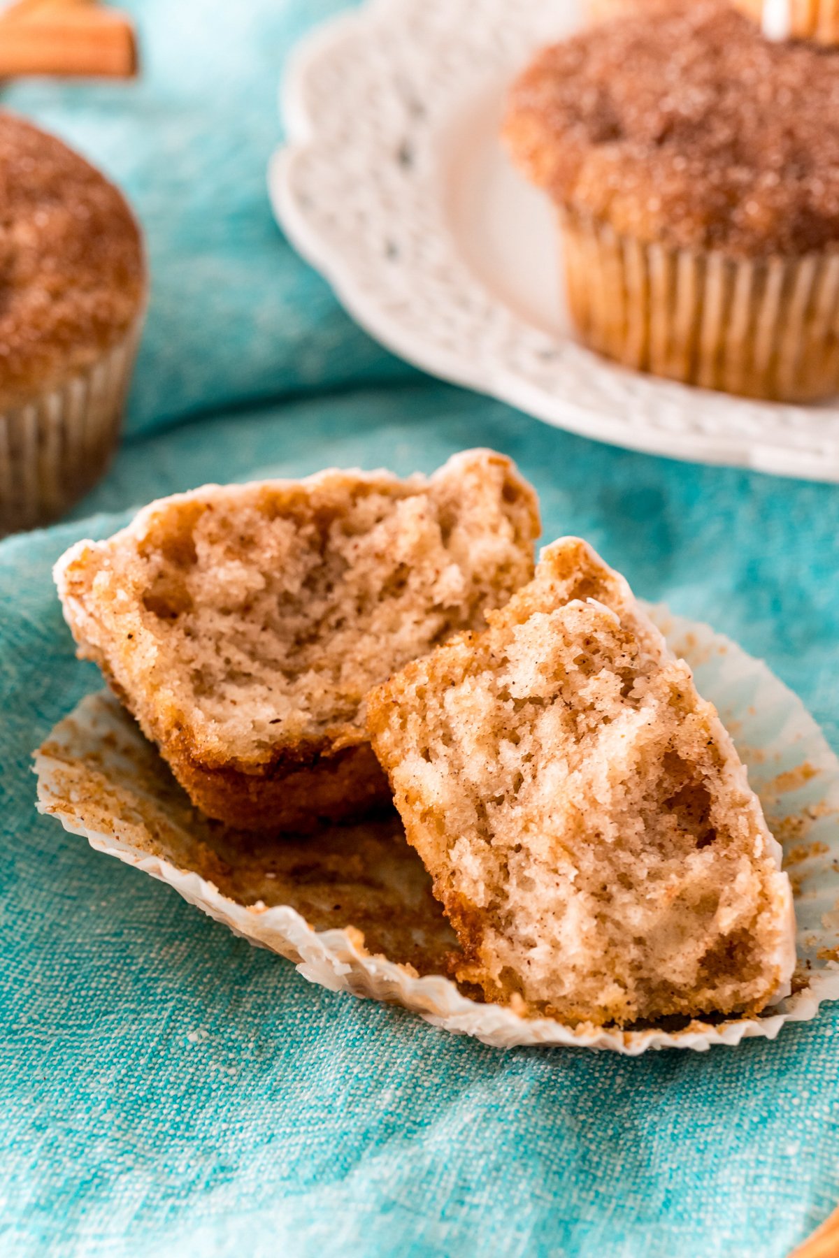 cut open donut muffins on a plate