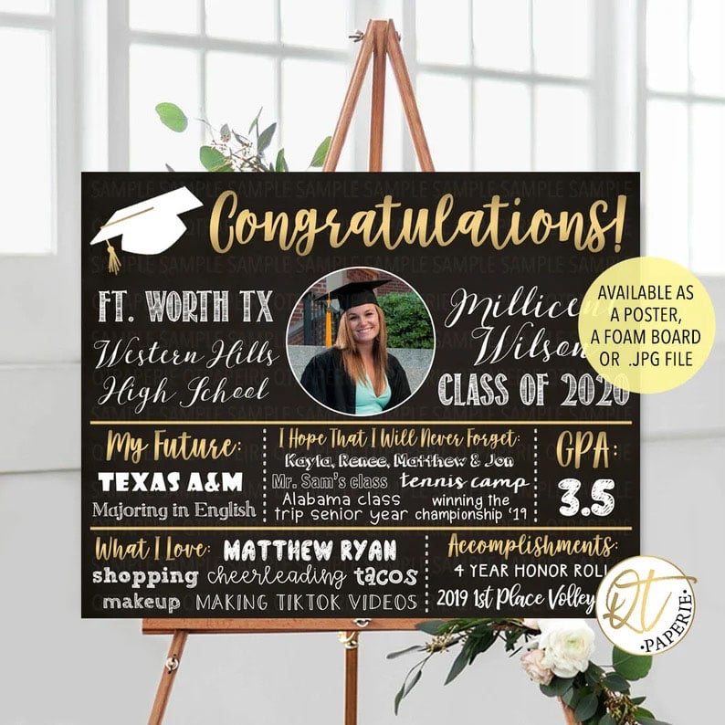 graduation chalkboard sign on a stand