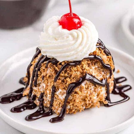 fried ice cream with chocolate sauce and a cherry